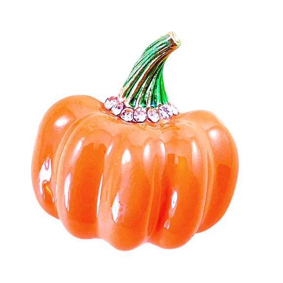 None Jewelry - Enamel Pumpkin Pin/ Brooch with Metallic Green Stem & Rhinestones